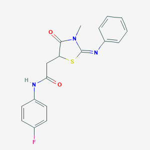 molecular formula C18H16FN3O2S B398928 N-(4-fluorophenyl)-2-[3-methyl-4-oxo-2-(phenylimino)-1,3-thiazolidin-5-yl]acetamide 
