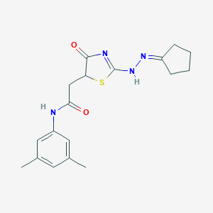 molecular formula C18H22N4O2S B398937 2-[2-(2-cyclopentylidenehydrazinyl)-4-oxo-1,3-thiazol-5-yl]-N-(3,5-dimethylphenyl)acetamide 