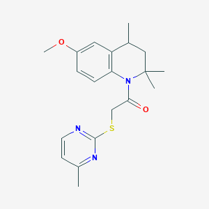 molecular formula C20H25N3O2S B3990449 1-[6-METHOXY-2,2,4-TRIMETHYL-3,4-DIHYDRO-1(2H)-QUINOLINYL]-2-[(4-METHYL-2-PYRIMIDINYL)SULFANYL]-1-ETHANONE 