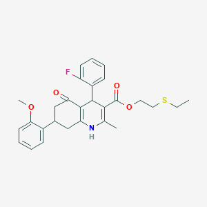 molecular formula C28H30FNO4S B3991026 2-(Ethylsulfanyl)ethyl 4-(2-fluorophenyl)-7-(2-methoxyphenyl)-2-methyl-5-oxo-1,4,5,6,7,8-hexahydroquinoline-3-carboxylate 