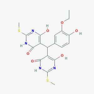 molecular formula C19H20N4O6S2 B399187 5-{(3-ethoxy-4-hydroxyphenyl)[4-hydroxy-2-(methylsulfanyl)-6-oxo-1,6-dihydro-5-pyrimidinyl]methyl}-6-hydroxy-2-(methylsulfanyl)-4(3H)-pyrimidinone 