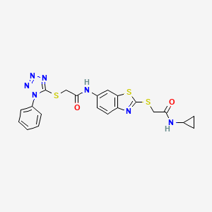 molecular formula C21H19N7O2S3 B3992045 N-(2-{[(CYCLOPROPYLCARBAMOYL)METHYL]SULFANYL}-1,3-BENZOTHIAZOL-6-YL)-2-[(1-PHENYL-1H-1,2,3,4-TETRAZOL-5-YL)SULFANYL]ACETAMIDE 