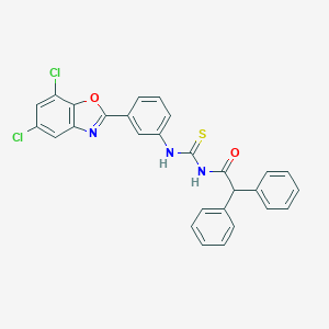 molecular formula C28H19Cl2N3O2S B399233 N-{[3-(5,7-dichloro-1,3-benzoxazol-2-yl)phenyl]carbamothioyl}-2,2-diphenylacetamide 