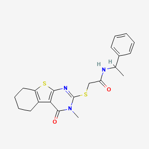 molecular formula C21H23N3O2S2 B3993092 2-[(3-METHYL-4-OXO-3,4,5,6,7,8-HEXAHYDRO[1]BENZOTHIENO[2,3-D]PYRIMIDIN-2-YL)SULFANYL]-N~1~-(1-PHENYLETHYL)ACETAMIDE 