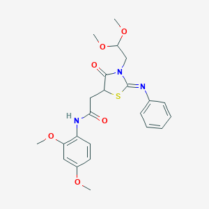 molecular formula C23H27N3O6S B399310 2-[3-(2,2-dimethoxyethyl)-4-oxo-2-(phenylimino)-1,3-thiazolidin-5-yl]-N-(2,4-dimethoxyphenyl)acetamide 