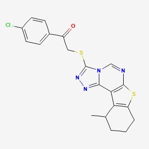 1-(4-Chlorophenyl)-2-[(15-methyl-10-thia-3,4,6,8-tetrazatetracyclo[7.7.0.02,6.011,16]hexadeca-1(9),2,4,7,11(16)-pentaen-5-yl)sulfanyl]ethanone