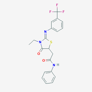 molecular formula C20H18F3N3O2S B399351 2-(3-ethyl-4-oxo-2-{[3-(trifluoromethyl)phenyl]imino}-1,3-thiazolidin-5-yl)-N-phenylacetamide 