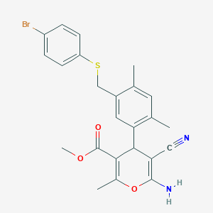 molecular formula C24H23BrN2O3S B3996208 methyl 6-amino-4-(5-{[(4-bromophenyl)thio]methyl}-2,4-dimethylphenyl)-5-cyano-2-methyl-4H-pyran-3-carboxylate 