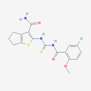 molecular formula C17H16ClN3O3S2 B399738 2-({[(5-chloro-2-methoxybenzoyl)amino]carbothioyl}amino)-5,6-dihydro-4H-cyclopenta[b]thiophene-3-carboxamide 