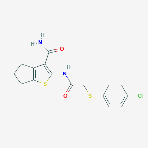 molecular formula C16H15ClN2O2S2 B399740 2-({[(4-chlorophenyl)sulfanyl]acetyl}amino)-5,6-dihydro-4H-cyclopenta[b]thiophene-3-carboxamide 