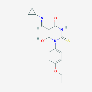molecular formula C16H17N3O3S B399764 5-[(cyclopropylamino)methylene]-1-(4-ethoxyphenyl)-2-thioxodihydro-4,6(1H,5H)-pyrimidinedione 