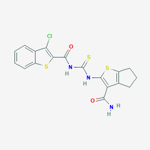 molecular formula C18H14ClN3O2S3 B399780 N-[(3-carbamoyl-5,6-dihydro-4H-cyclopenta[b]thiophen-2-yl)carbamothioyl]-3-chloro-1-benzothiophene-2-carboxamide 