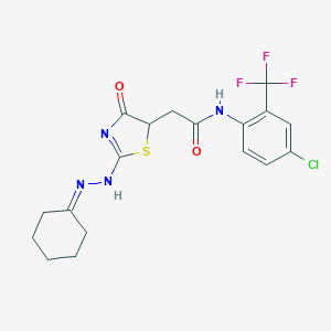 molecular formula C18H18ClF3N4O2S B399784 N-[4-chloro-2-(trifluoromethyl)phenyl]-2-[2-(2-cyclohexylidenehydrazinyl)-4-oxo-1,3-thiazol-5-yl]acetamide 