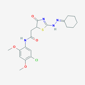 molecular formula C19H23ClN4O4S B399786 N-(5-chloro-2,4-dimethoxyphenyl)-2-[2-(2-cyclohexylidenehydrazinyl)-4-oxo-1,3-thiazol-5-yl]acetamide 