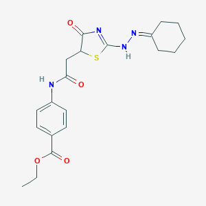 molecular formula C20H24N4O4S B399787 ethyl 4-[[2-[2-(2-cyclohexylidenehydrazinyl)-4-oxo-1,3-thiazol-5-yl]acetyl]amino]benzoate 