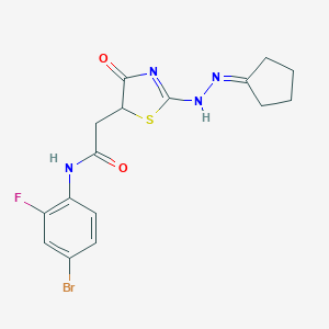 molecular formula C16H16BrFN4O2S B399789 N-(4-bromo-2-fluorophenyl)-2-[2-(2-cyclopentylidenehydrazinyl)-4-oxo-1,3-thiazol-5-yl]acetamide 