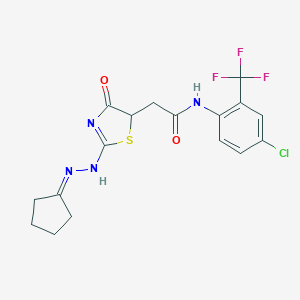 molecular formula C17H16ClF3N4O2S B399797 N-[4-chloro-2-(trifluoromethyl)phenyl]-2-[2-(2-cyclopentylidenehydrazinyl)-4-oxo-1,3-thiazol-5-yl]acetamide 