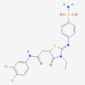 molecular formula C19H18Cl2N4O4S2 B399814 2-(2-{[4-(aminosulfonyl)phenyl]imino}-3-ethyl-4-oxo-1,3-thiazolidin-5-yl)-N-(3,4-dichlorophenyl)acetamide 