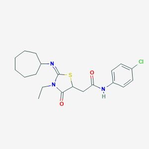 molecular formula C20H26ClN3O2S B399820 N-(4-chlorophenyl)-2-[2-(cycloheptylimino)-3-ethyl-4-oxo-1,3-thiazolidin-5-yl]acetamide 