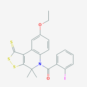 molecular formula C21H18INO2S3 B399968 8-ethoxy-5-(2-iodobenzoyl)-4,4-dimethyl-4,5-dihydro-1H-[1,2]dithiolo[3,4-c]quinoline-1-thione CAS No. 296272-24-7