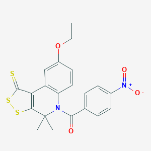 molecular formula C21H18N2O4S3 B399976 (8-ethoxy-4,4-dimethyl-1-thioxo-1,4-dihydro-5H-[1,2]dithiolo[3,4-c]quinolin-5-yl)(4-nitrophenyl)methanone 