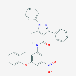 molecular formula C30H24N4O4 B400020 N-[3-nitro-5-(2-methylphenoxy)phenyl]-5-methyl-1,3-diphenyl-1H-pyrazole-4-carboxamide 