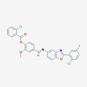 molecular formula C28H17Cl2IN2O4 B400030 4-({[2-(2-Chloro-5-iodophenyl)-1,3-benzoxazol-5-yl]imino}methyl)-2-methoxyphenyl 2-chlorobenzoate 