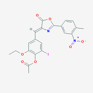 molecular formula C21H17IN2O7 B400040 2-ethoxy-4-[(2-{3-nitro-4-methylphenyl}-5-oxo-1,3-oxazol-4(5H)-ylidene)methyl]-6-iodophenyl acetate 