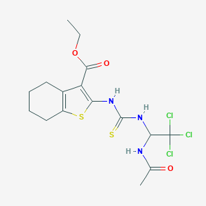 molecular formula C16H20Cl3N3O3S2 B400064 Ethyl 2-[({[1-(acetylamino)-2,2,2-trichloroethyl]amino}carbothioyl)amino]-4,5,6,7-tetrahydro-1-benzothiophene-3-carboxylate 