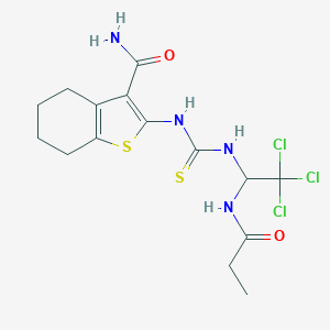 molecular formula C15H19Cl3N4O2S2 B400068 2-[({[2,2,2-Trichloro-1-(propionylamino)ethyl]amino}carbothioyl)amino]-4,5,6,7-tetrahydro-1-benzothiophene-3-carboxamide 