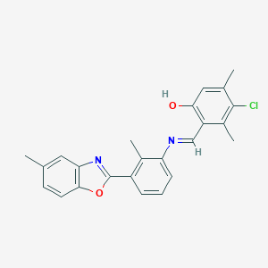 molecular formula C24H21ClN2O2 B400081 4-Chloro-3,5-dimethyl-2-({[2-methyl-3-(5-methyl-1,3-benzoxazol-2-yl)phenyl]imino}methyl)phenol 