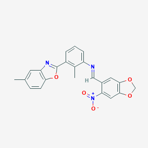 molecular formula C23H17N3O5 B400083 2-{3-[({6-Nitro-1,3-benzodioxol-5-yl}methylene)amino]-2-methylphenyl}-5-methyl-1,3-benzoxazole 