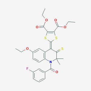 molecular formula C29H28FNO6S3 B400099 diethyl 2-(6-ethoxy-1-(3-fluorobenzoyl)-2,2-dimethyl-3-thioxo-2,3-dihydro-4(1H)-quinolinylidene)-1,3-dithiole-4,5-dicarboxylate 