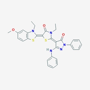 (2E,5Z)-2-(3-anilino-5-oxo-1-phenylpyrazol-4-ylidene)-3-ethyl-5-(3-ethyl-5-methoxy-1,3-benzothiazol-2-ylidene)-1,3-thiazolidin-4-one