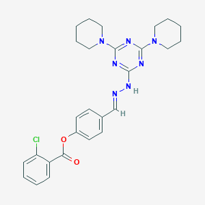 molecular formula C27H30ClN7O2 B400182 4-[(E)-{2-[4,6-di(piperidin-1-yl)-1,3,5-triazin-2-yl]hydrazinylidene}methyl]phenyl 2-chlorobenzoate 