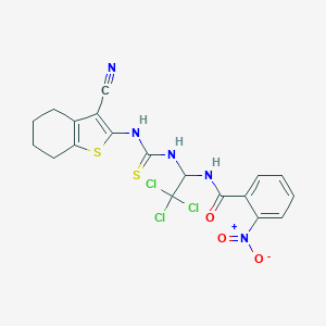 molecular formula C19H16Cl3N5O3S2 B400186 2-nitro-N-[2,2,2-trichloro-1-({[(3-cyano-4,5,6,7-tetrahydro-1-benzothien-2-yl)amino]carbothioyl}amino)ethyl]benzamide 