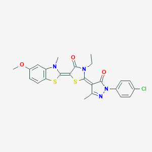 molecular formula C24H21ClN4O3S2 B400247 2-[1-(4-chlorophenyl)-3-methyl-5-oxo-1,5-dihydro-4H-pyrazol-4-ylidene]-3-ethyl-5-(5-methoxy-3-methyl-1,3-benzothiazol-2(3H)-ylidene)-1,3-thiazolidin-4-one 