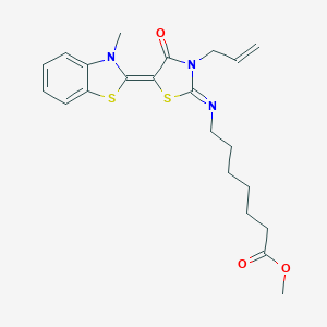 molecular formula C22H27N3O3S2 B400253 methyl 7-{[3-allyl-5-(3-methyl-1,3-benzothiazol-2(3H)-ylidene)-4-oxo-1,3-thiazolidin-2-ylidene]amino}heptanoate 