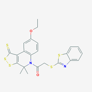 molecular formula C23H20N2O2S5 B400310 2-(1,3-Benzothiazol-2-ylsulfanyl)-1-(8-ethoxy-4,4-dimethyl-1-sulfanylidenedithiolo[3,4-c]quinolin-5-yl)ethanone CAS No. 329206-27-1