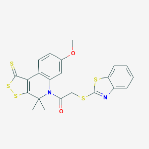 molecular formula C22H18N2O2S5 B400311 5-[(1,3-benzothiazol-2-ylsulfanyl)acetyl]-7-methoxy-4,4-dimethyl-4,5-dihydro-1H-[1,2]dithiolo[3,4-c]quinoline-1-thione 