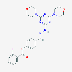 molecular formula C25H26IN7O4 B400350 4-{2-[4,6-Di(4-morpholinyl)-1,3,5-triazin-2-yl]carbohydrazonoyl}phenyl 2-iodobenzoate 