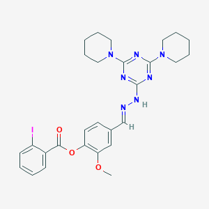 molecular formula C28H32IN7O3 B400353 4-{2-[4,6-Di(1-piperidinyl)-1,3,5-triazin-2-yl]carbohydrazonoyl}-2-methoxyphenyl 2-iodobenzoate 