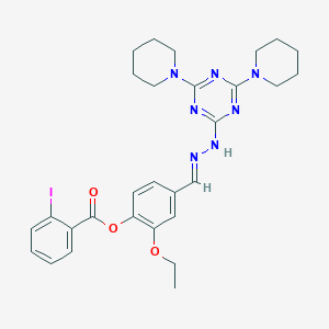 molecular formula C29H34IN7O3 B400354 4-{2-[4,6-Di(1-piperidinyl)-1,3,5-triazin-2-yl]carbohydrazonoyl}-2-ethoxyphenyl 2-iodobenzoate 