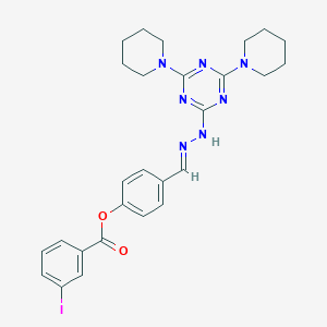 molecular formula C27H30IN7O2 B400355 4-{2-[4,6-Di(1-piperidinyl)-1,3,5-triazin-2-yl]carbohydrazonoyl}phenyl 3-iodobenzoate 