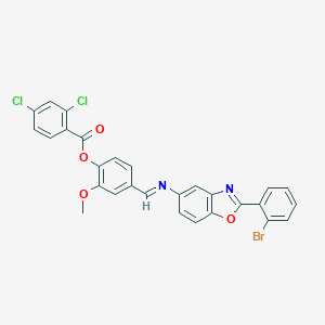 molecular formula C28H17BrCl2N2O4 B400414 4-({[2-(2-Bromophenyl)-1,3-benzoxazol-5-yl]imino}methyl)-2-methoxyphenyl 2,4-dichlorobenzoate 