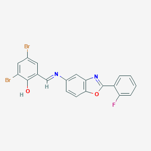 molecular formula C20H11Br2FN2O2 B400415 2,4-Dibromo-6-({[2-(2-fluorophenyl)-1,3-benzoxazol-5-yl]imino}methyl)phenol 
