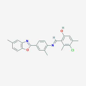 molecular formula C24H21ClN2O2 B400480 4-Chloro-3,5-dimethyl-2-({[2-methyl-4-(5-methyl-1,3-benzoxazol-2-yl)phenyl]imino}methyl)phenol 