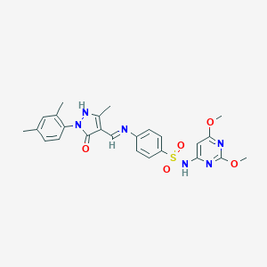 molecular formula C25H26N6O5S B400513 N-(2,6-dimethoxy-4-pyrimidinyl)-4-({[1-(2,4-dimethylphenyl)-3-methyl-5-oxo-1,5-dihydro-4H-pyrazol-4-ylidene]methyl}amino)benzenesulfonamide 