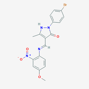 molecular formula C18H15BrN4O4 B400516 2-(4-bromophenyl)-4-({2-nitro-4-methoxyanilino}methylene)-5-methyl-2,4-dihydro-3H-pyrazol-3-one 