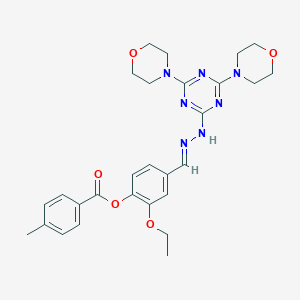 molecular formula C28H33N7O5 B400645 4-[(E)-{2-[4,6-di(morpholin-4-yl)-1,3,5-triazin-2-yl]hydrazinylidene}methyl]-2-ethoxyphenyl 4-methylbenzoate 